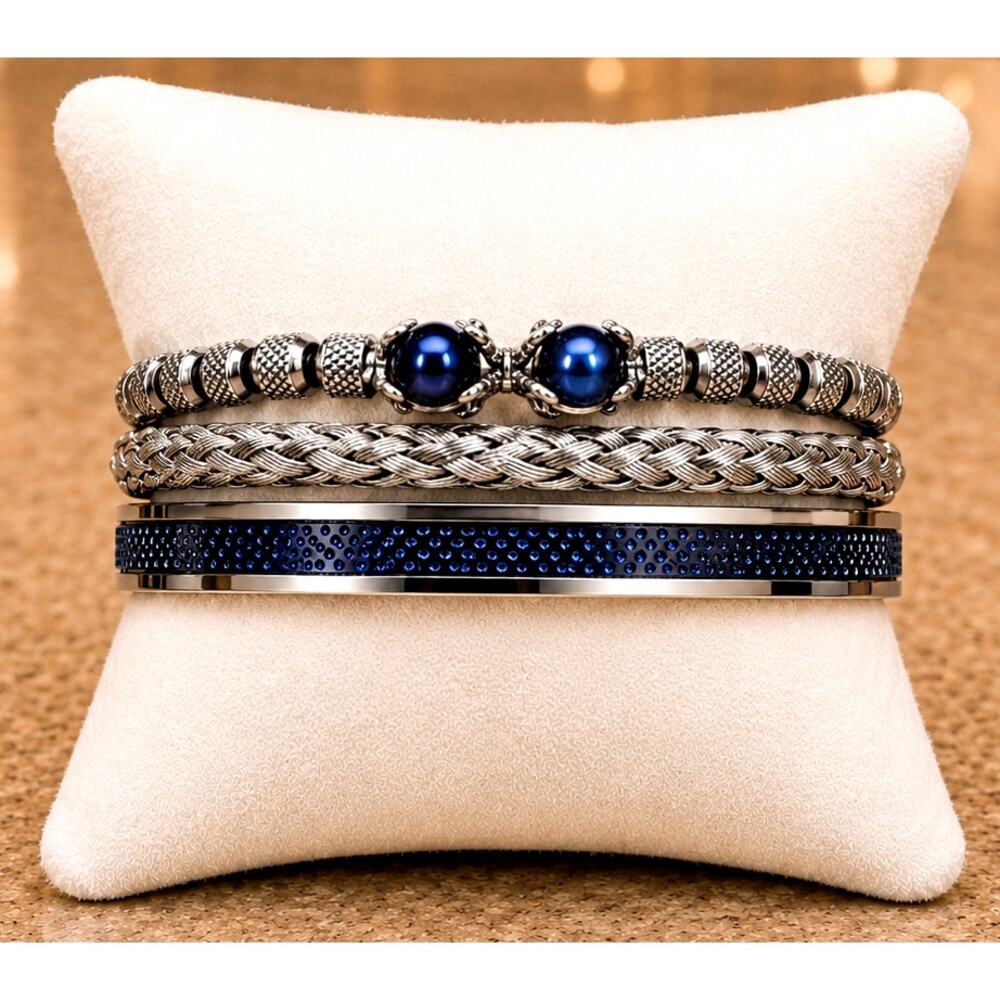 Unisex 3 pc SS Symmetrical Claw Bracelet Set Beaded Blue